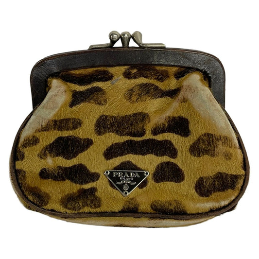 Prada Coin Case Light Brown Dark Leopard Print Kiss Lock Leather