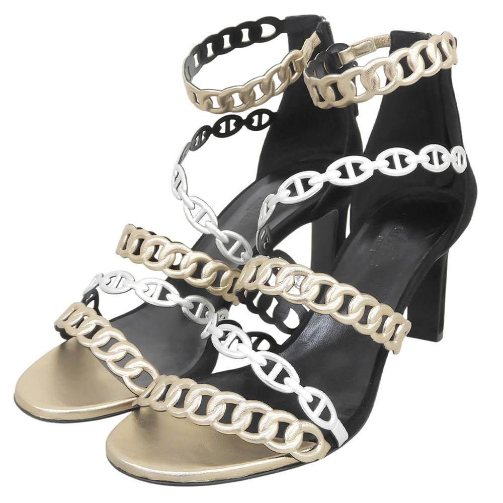 Hermes Chaine D'ancre Strap Sandals Shoes Black Silver Gold