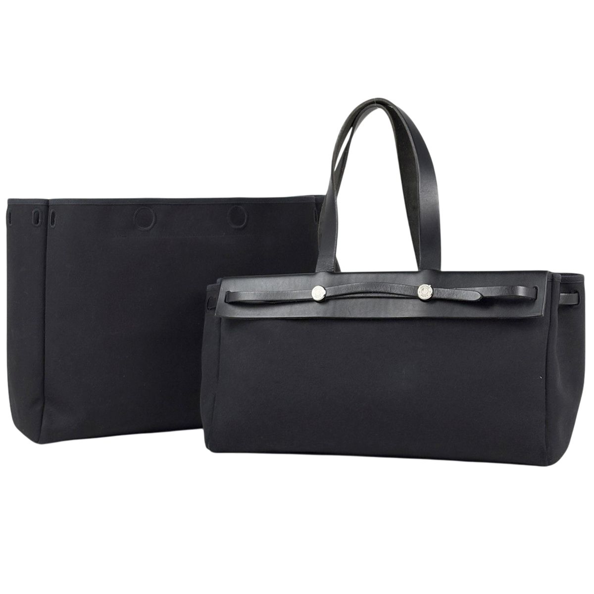 Hermes Herbag Cabas 2-Way Shoulder Bag Tote Toile Officier Black