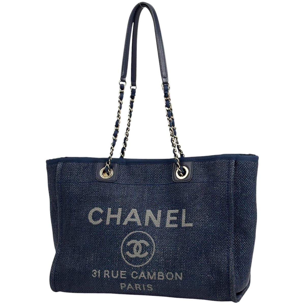 Chanel Deauville Line Chain Tote CC Logo 2-Way Straw Navy