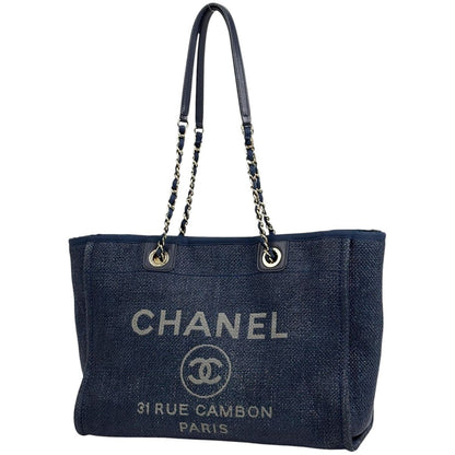 Chanel Deauville Line Chain Tote CC Logo 2-Way Straw Navy