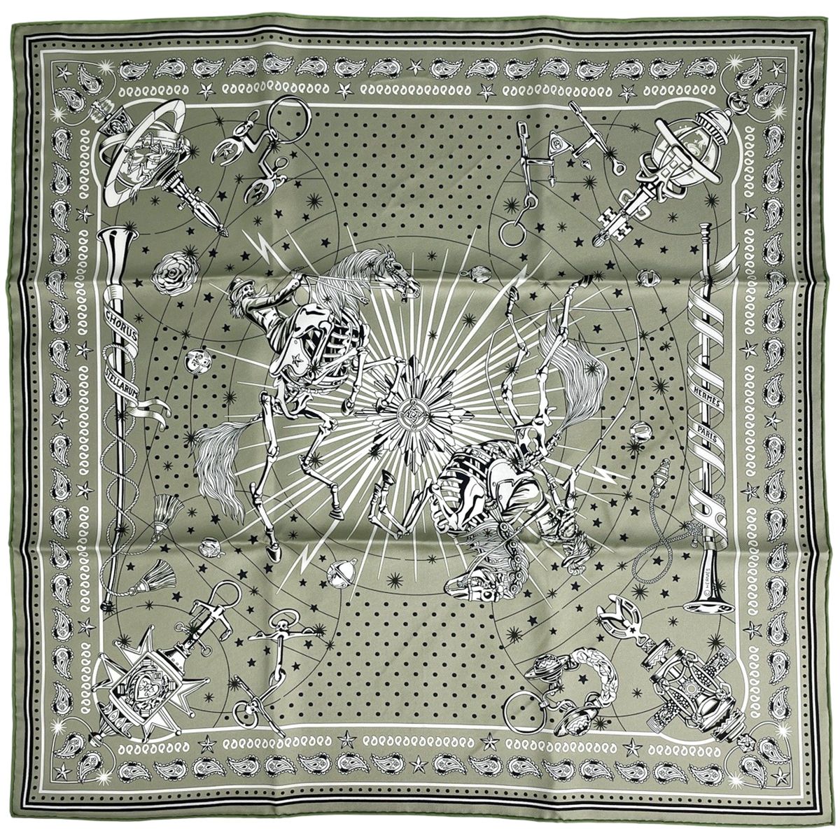 Hermes Carre 55 Chorus Stellarum Bandana Scarf Silk Khaki Multicolor