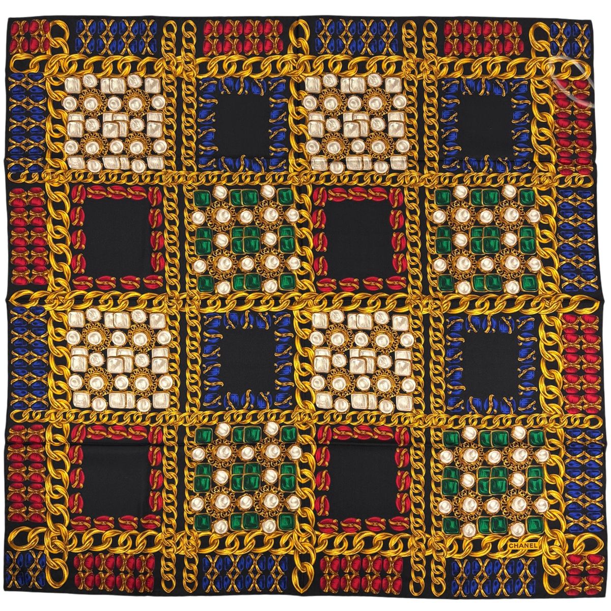 Chanel Logo Pattern Scarf Silk Black Gold Multicolor