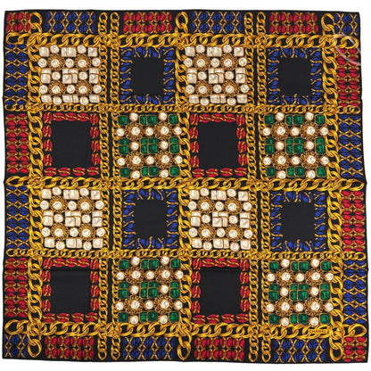 Chanel Logo Pattern Scarf Silk Black Gold Multicolor