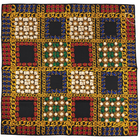 Chanel Logo Pattern Scarf Silk Black Gold Multicolor