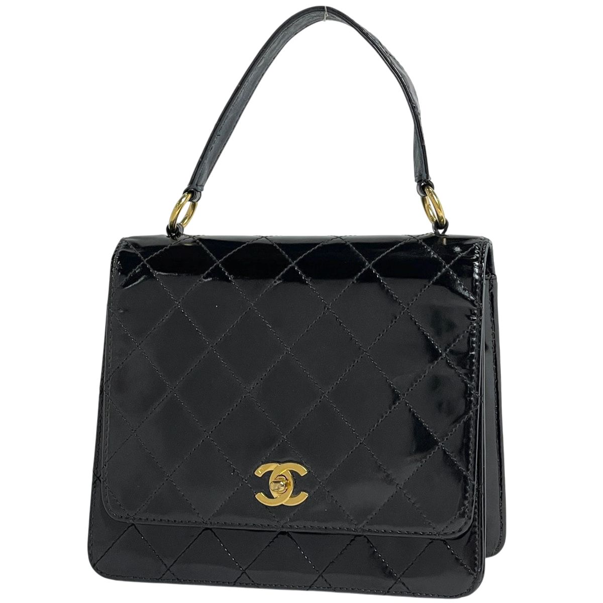 Chanel CC Logo Handbag Quilted Patent Leather Black