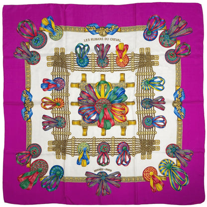 Hermes Carre 90 les Rubans du Cheval Horse Ribbon Scarf Silk Pink Multicolor