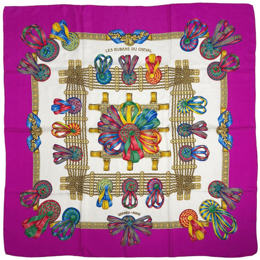 Hermes Carre 90 les Rubans du Cheval Horse Ribbon Scarf Silk Pink Multicolor