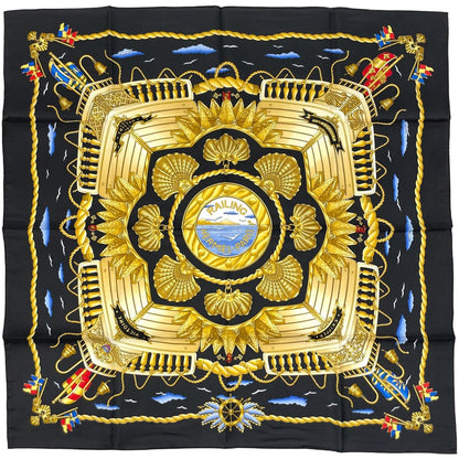 Hermes Carre 90 Railing Ship Handrail Scarf Silk Black Multicolor