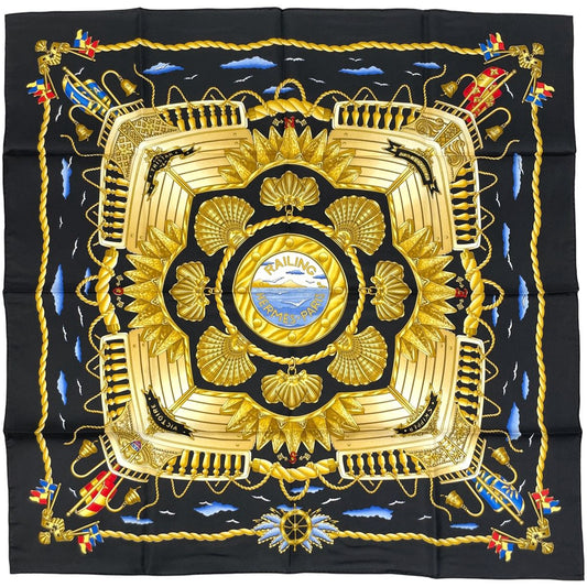 Hermes Carre 90 Railing Ship Handrail Scarf Silk Black Multicolor