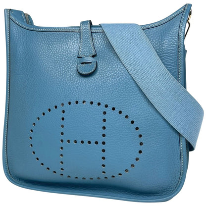 Hermes Evelyne 2 PM Perforated Logo Shoulder Bag Taurillon Clemence Blue Jean