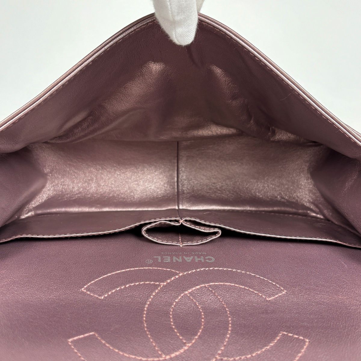 Chanel Chain Shoulder Bag Quilted Double Flap Leather Metallic Pink — view 9