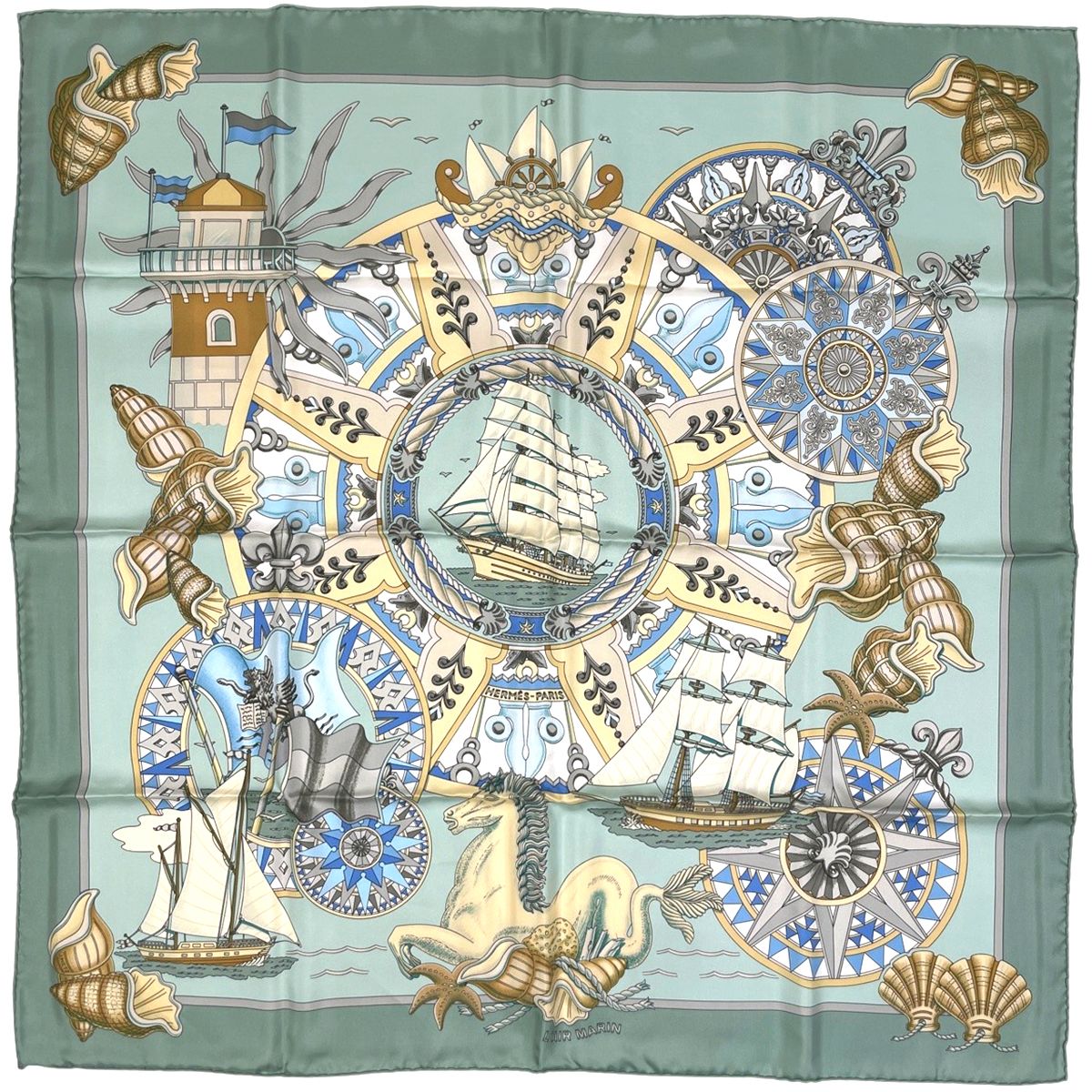 Hermes Carre 90 L'air Mari Sea Breeze Scarf Silk Light Green Multicolor