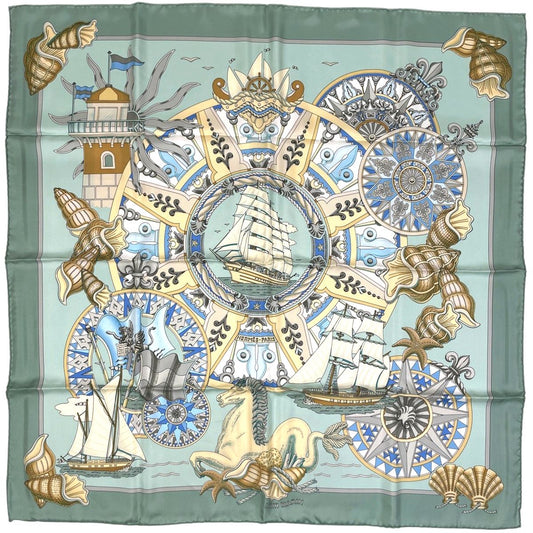 Hermes Carre 90 L'air Mari Sea Breeze Scarf Silk Light Green Multicolor