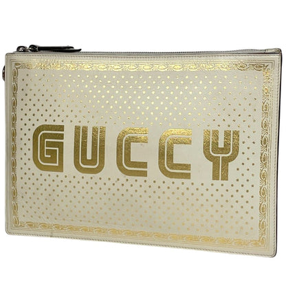 Gucci Logo Print Clutch Sega Second Leather White