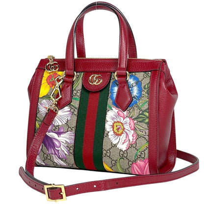 Gucci Ophidia GG Flora Small Tote 2-Way Sherry Line Web Red Beige