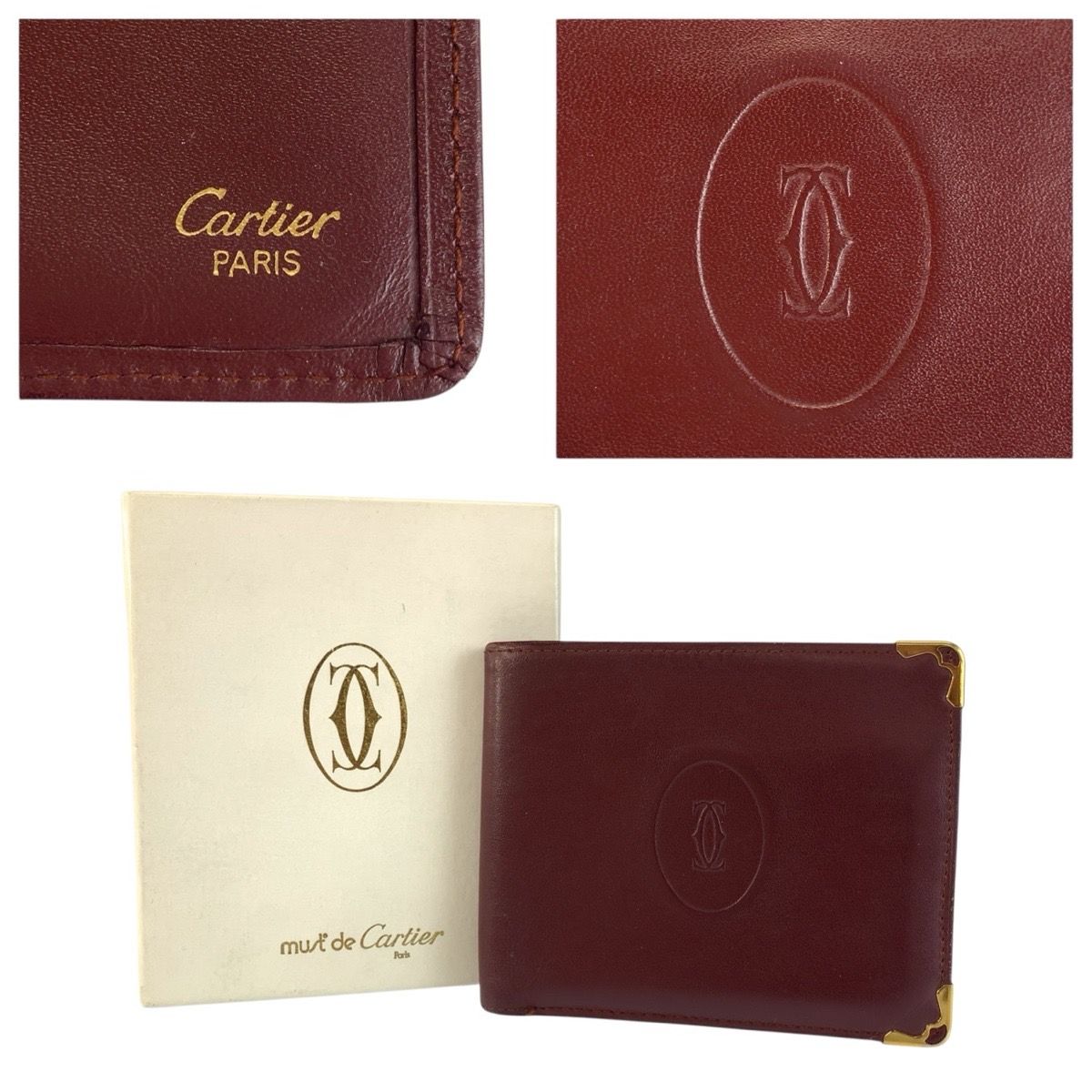 Cartier Must Line Wine Red Bordeaux Leather Folded Wallet Billfold — view 3