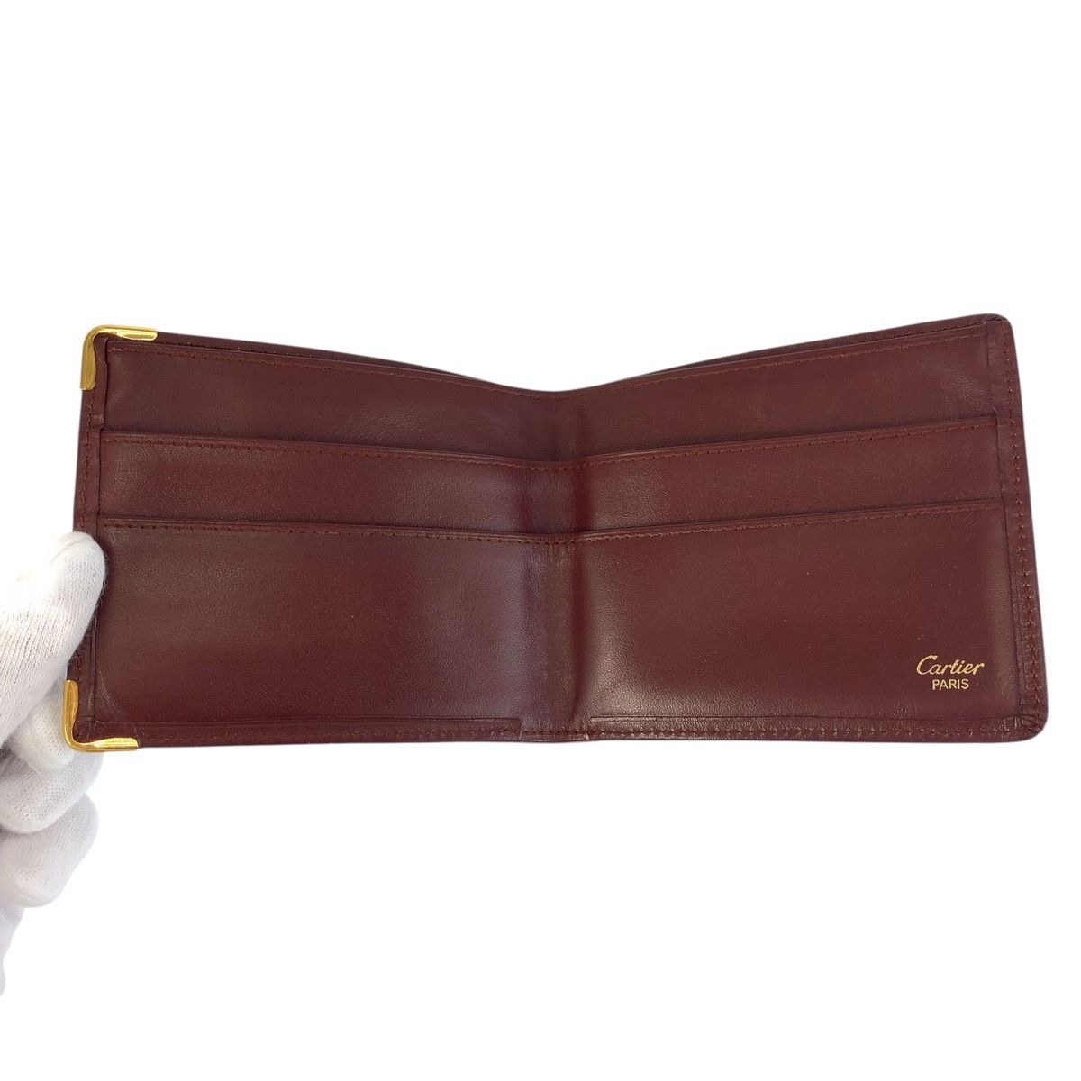 Cartier Must Line Wine Red Bordeaux Leather Folded Wallet Billfold — view 4