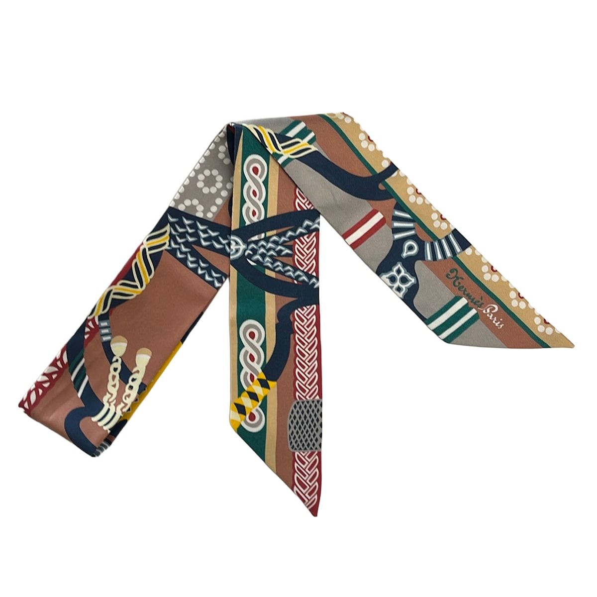Hermes Scarf Twill Pink Beige Dark Navy Multi Ribbon Fantaisie D'etriers