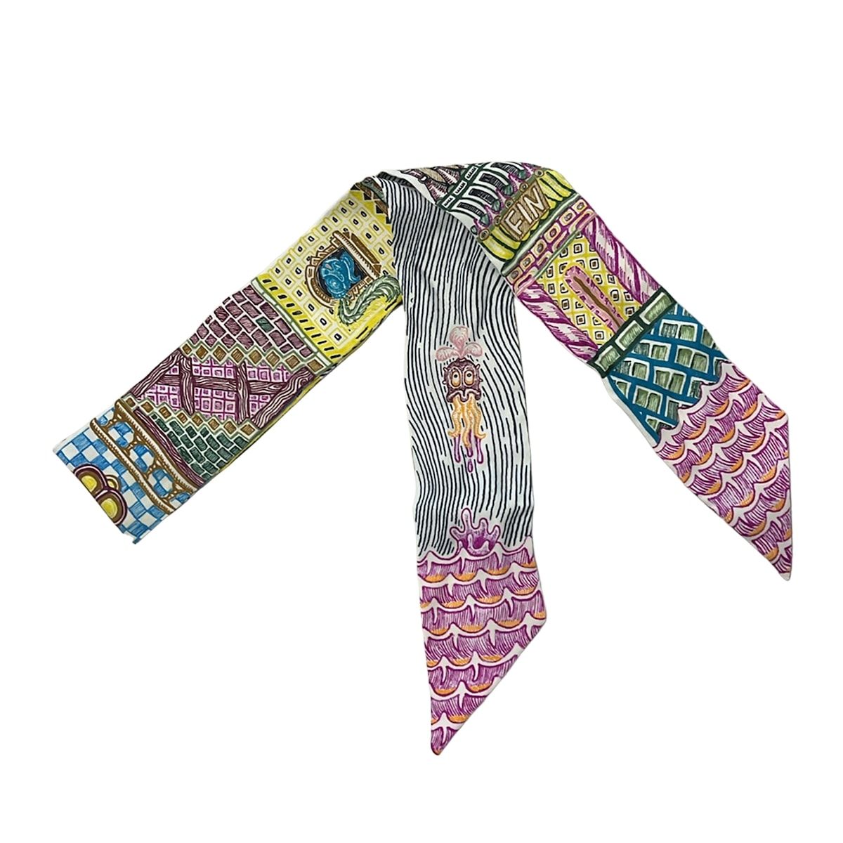 Hermes Scarf Twill Green Yellow Multi Ribbon Super Silk Quest