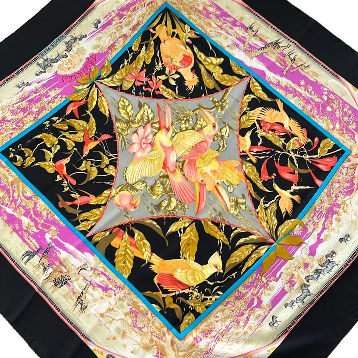 Hermes Scarf Carre 90 Black Pink Multi Tropioues Animal Pattern
