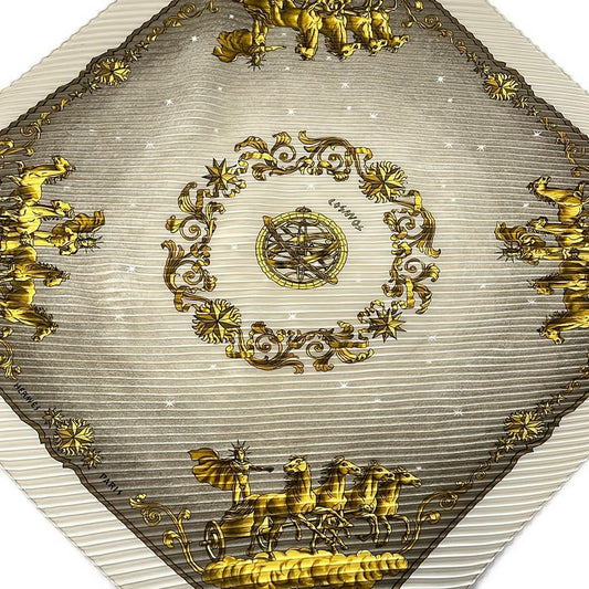 Hermes Scarf Carre Plisse Beige Gray Dark Yellow Cosmos Horse