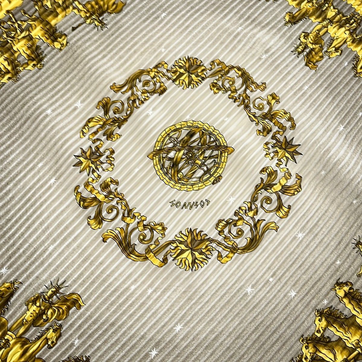 Hermes Scarf Carre Plisse Beige Gray Dark Yellow Cosmos Horse — view 4