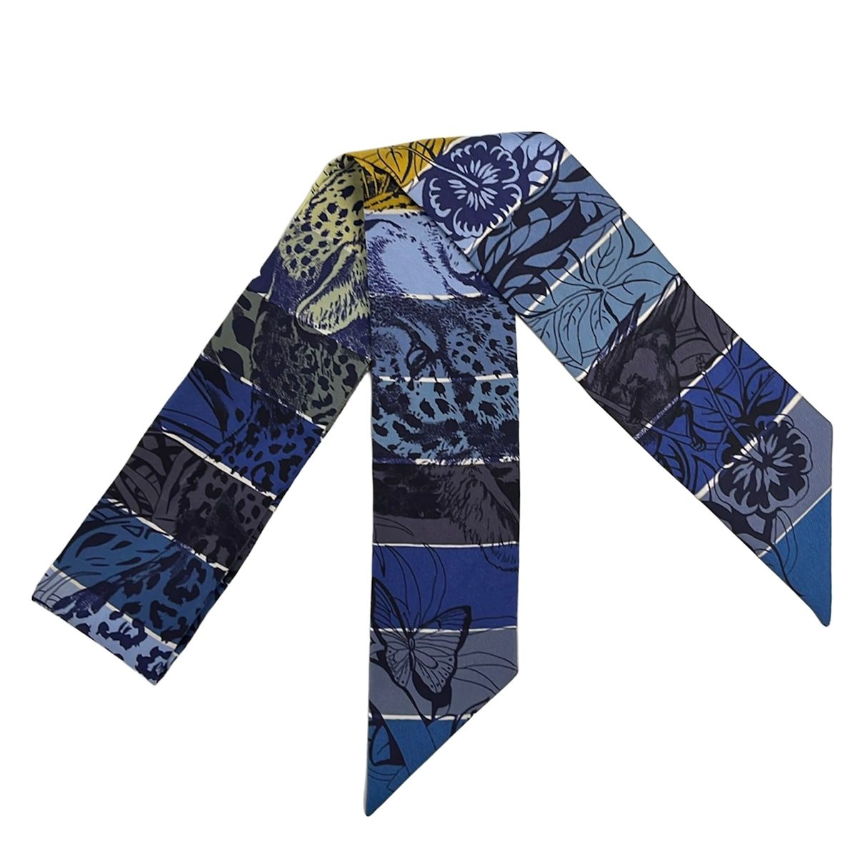 Hermes Scarf Twill Navy Light Yellow Multi Ribbon Border Leopard Print Floral