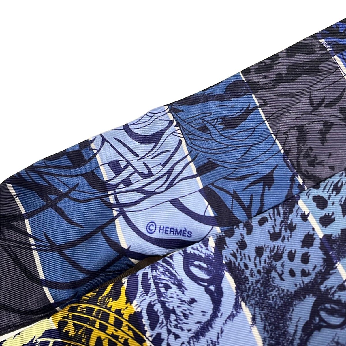 Hermes Scarf Twill Navy Light Yellow Multi Ribbon Border Leopard Print Floral — view 2
