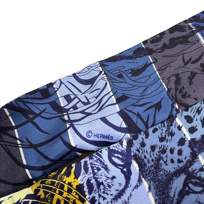 Hermes Scarf Twill Navy Light Yellow Multi Ribbon Border Leopard Print Floral — view 2