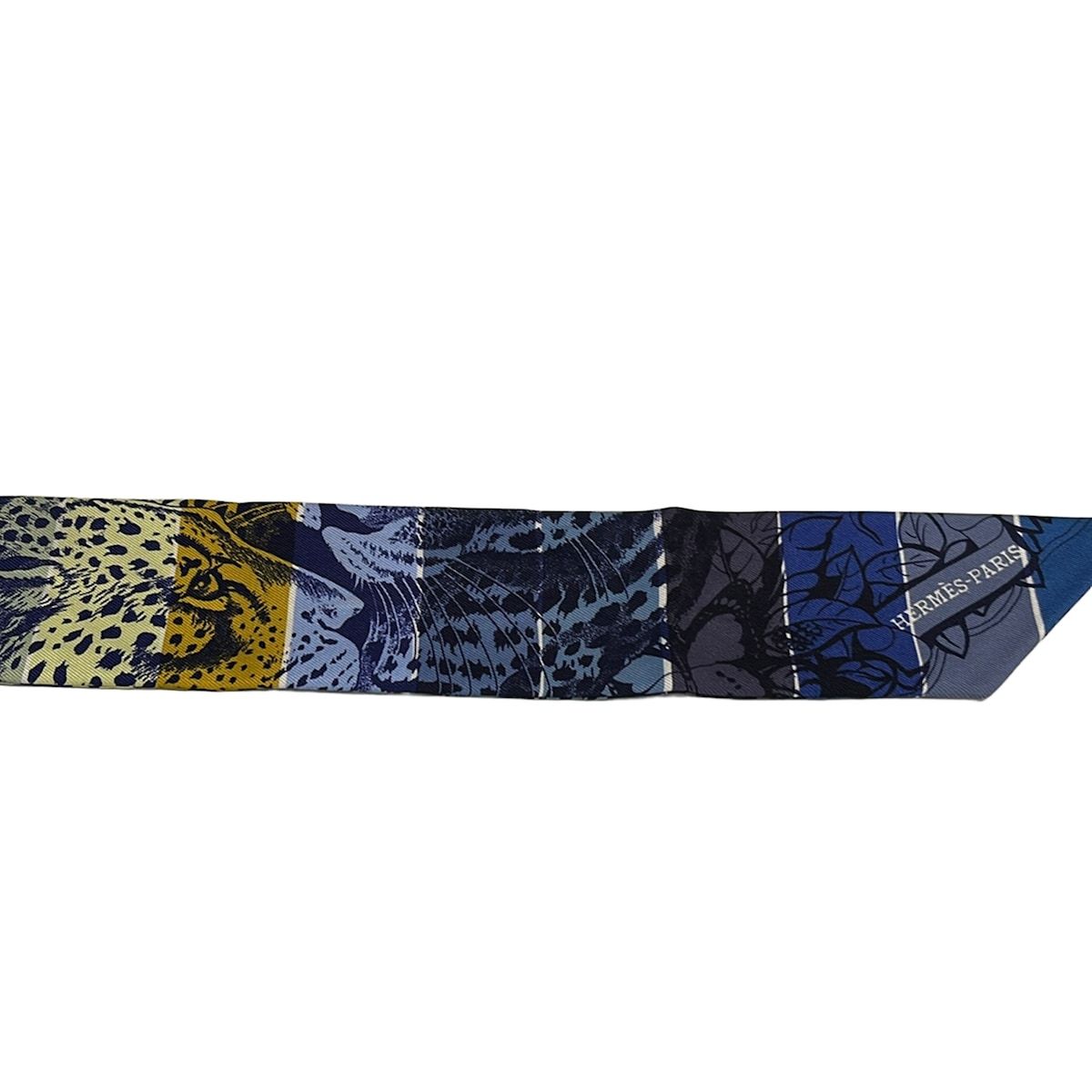 Hermes Scarf Twill Navy Light Yellow Multi Ribbon Border Leopard Print Floral — view 4