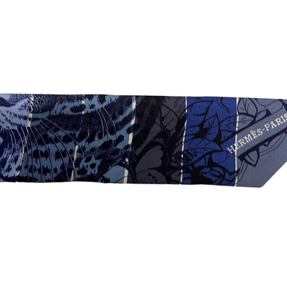 Hermes Scarf Twill Navy Light Yellow Multi Ribbon Border Leopard Print Floral — view 4