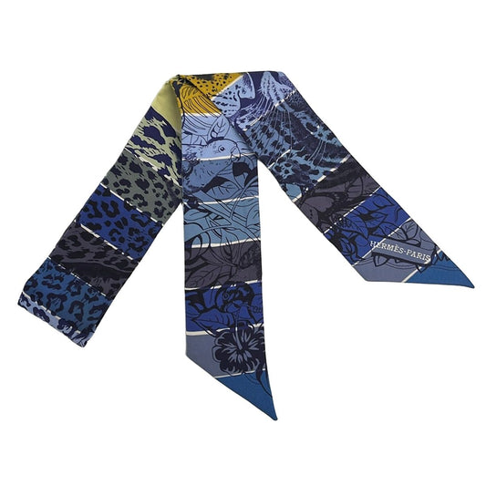 Hermes Scarf Twill Navy Light Yellow Multi Ribbon Border Leopard Print Floral