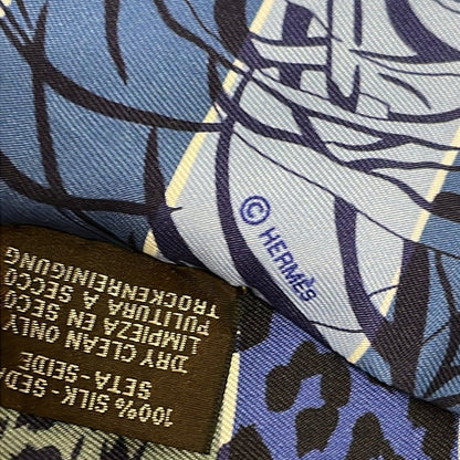 Hermes Scarf Twill Navy Light Yellow Multi Ribbon Border Leopard Print Floral — view 2