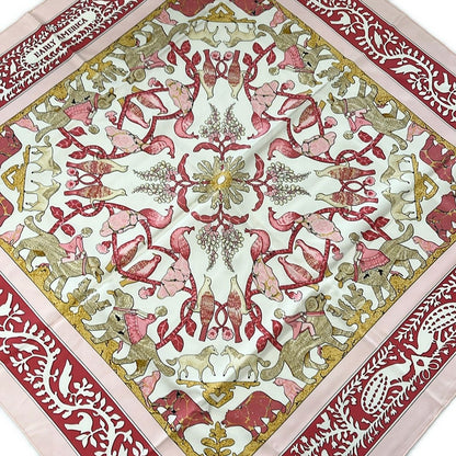 Hermes Scarf Carre 90 Light Pink Ivory Multi Warly America Dog Bird
