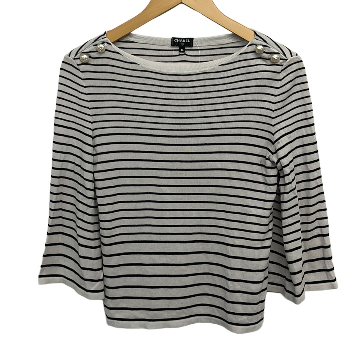 Chanel 3/4 Sleeve Sweater 34 S Ivory Black Border Pearl Button