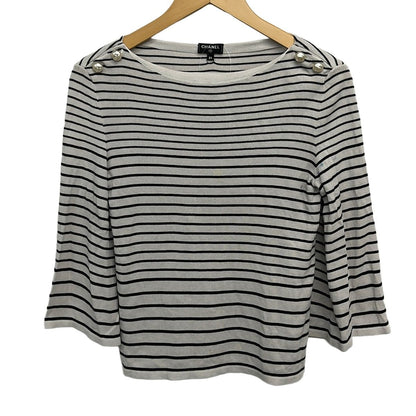 Chanel 3/4 Sleeve Sweater 34 S Ivory Black Border Pearl Button