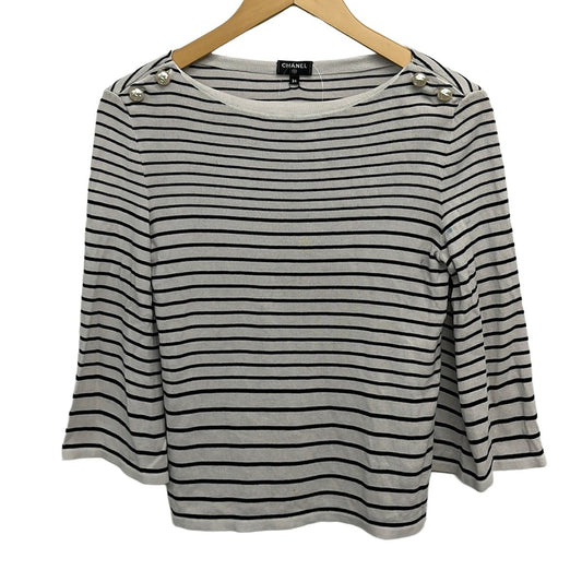 Chanel 3/4 Sleeve Sweater 34 S Ivory Black Border Pearl Button