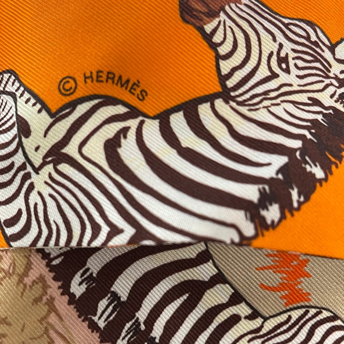 Hermes Scarf Twill Orange Beige Brown Ribbon les Zebres Zebra — view 2