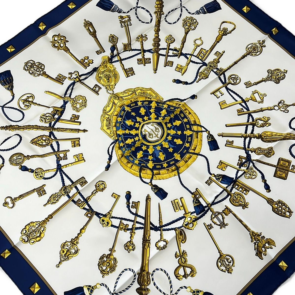 Hermes Scarf Carre 90 White Yellow Navy les Cles