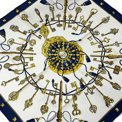 Hermes Scarf Carre 90 White Yellow Navy les Cles