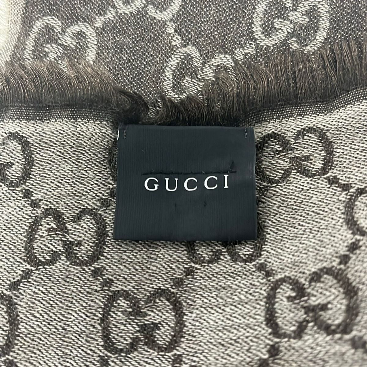 Gucci Shawl Dark Brown Light Gray GG Pattern Wool Silk Scarf — view 2