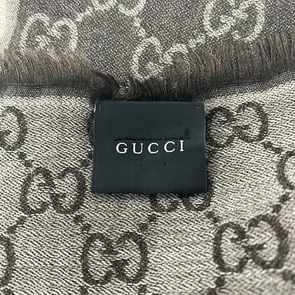 Gucci Shawl Dark Brown Light Gray GG Pattern Wool Silk Scarf — view 2