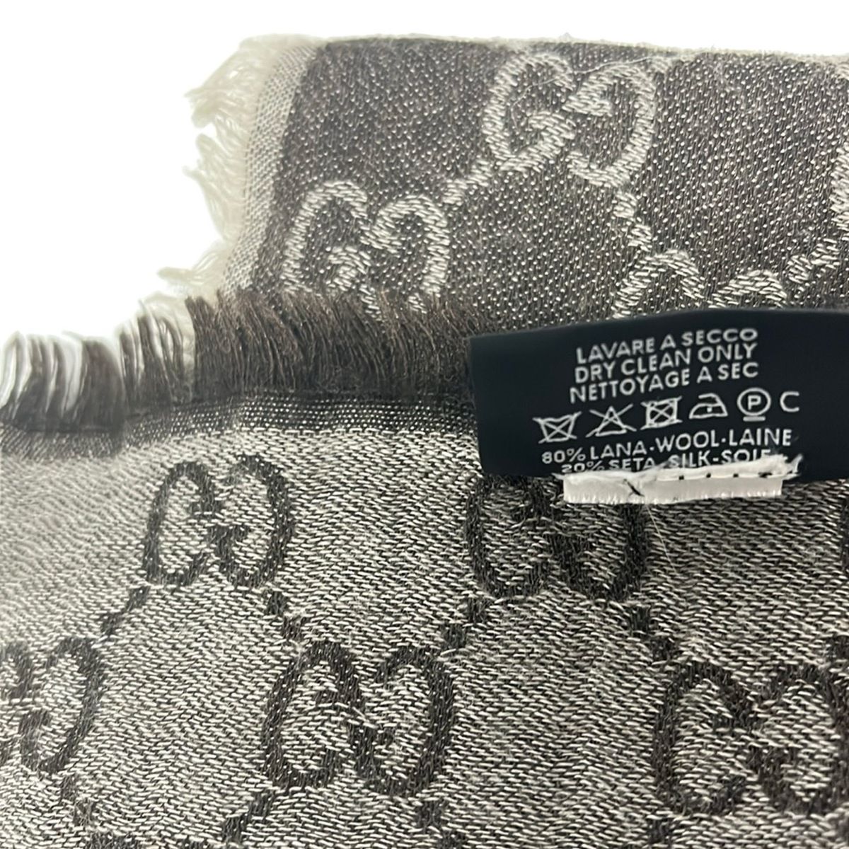 Gucci Shawl Dark Brown Light Gray GG Pattern Wool Silk Scarf — view 3