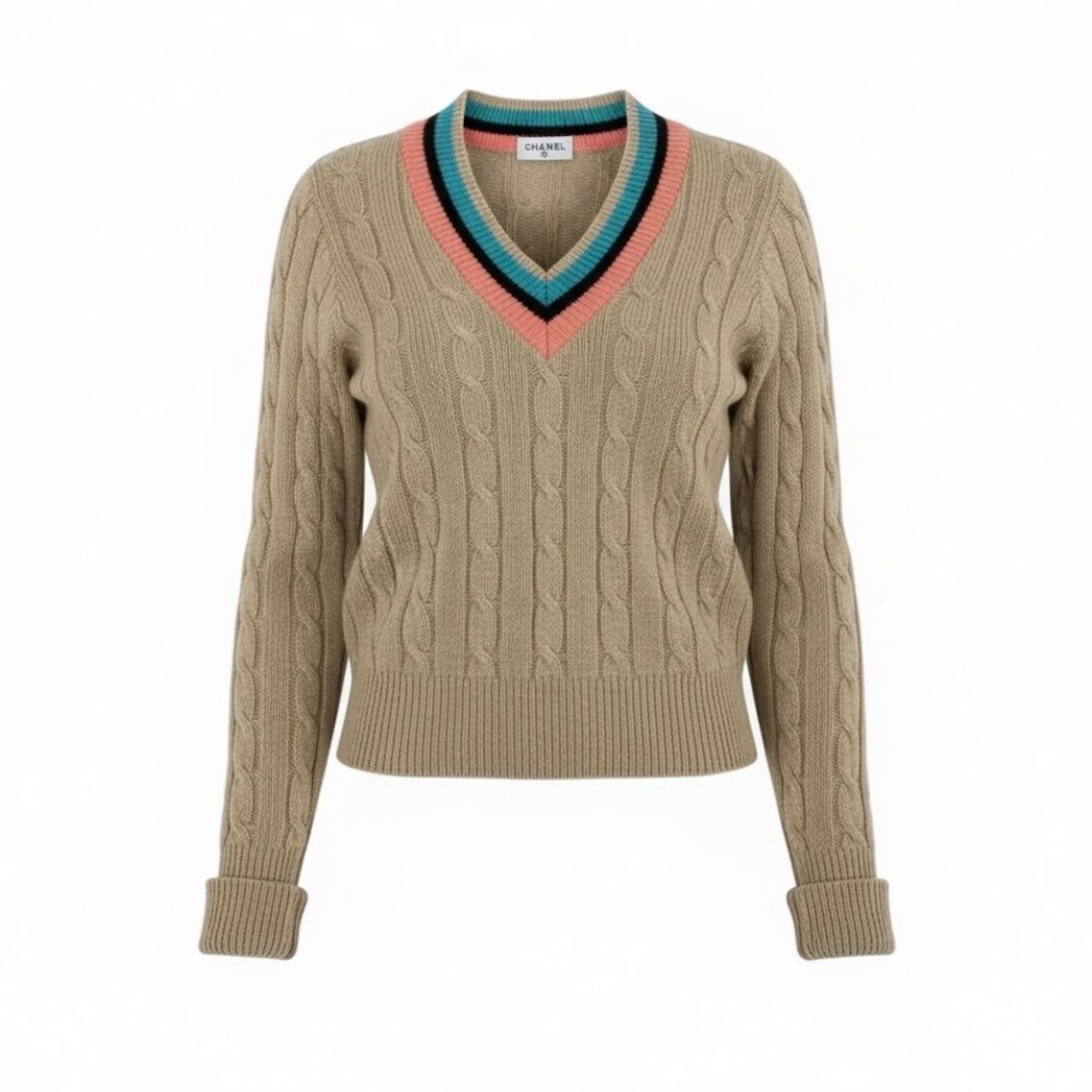 Chanel Vintage CC Logo Beige Cashmere Skool Knit Sweater A3