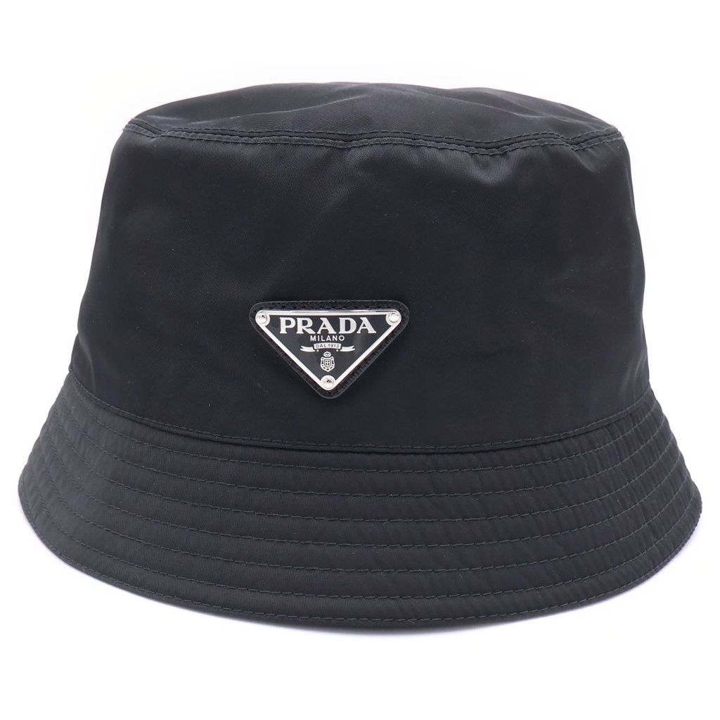 Prada Re-Nylon Triangle Logo Plate Bucket Hat Black — view 4