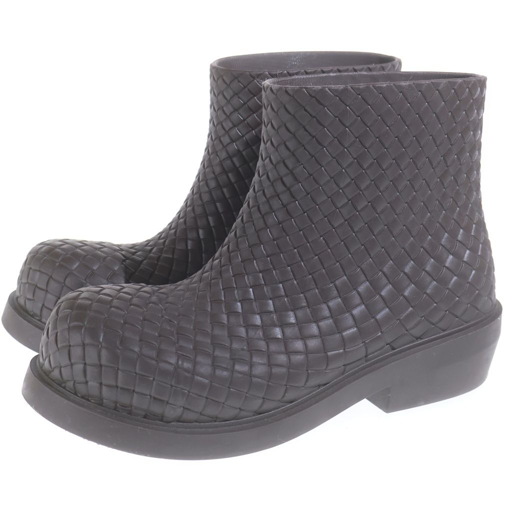 Bottega Veneta Fireman Short Rubber Boots Intrecciato Embossed Ankle Brown — view 2