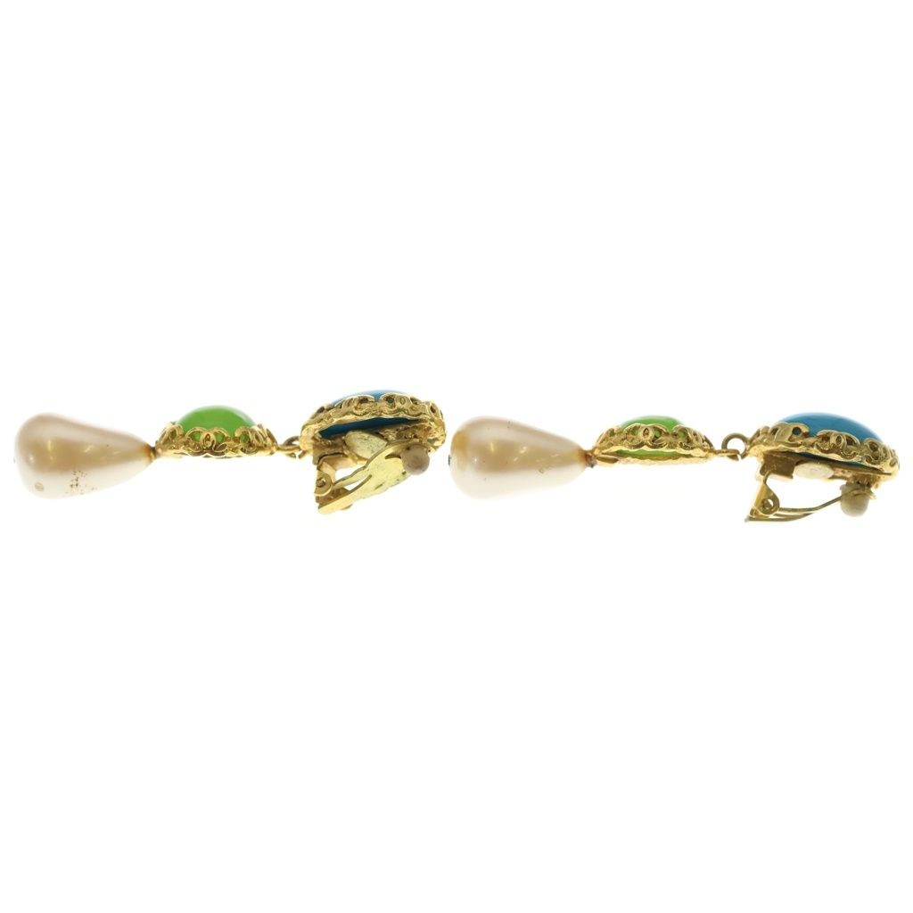 Chanel Faux Pearl Earrings Gripoix Blue Green Gold — view 3