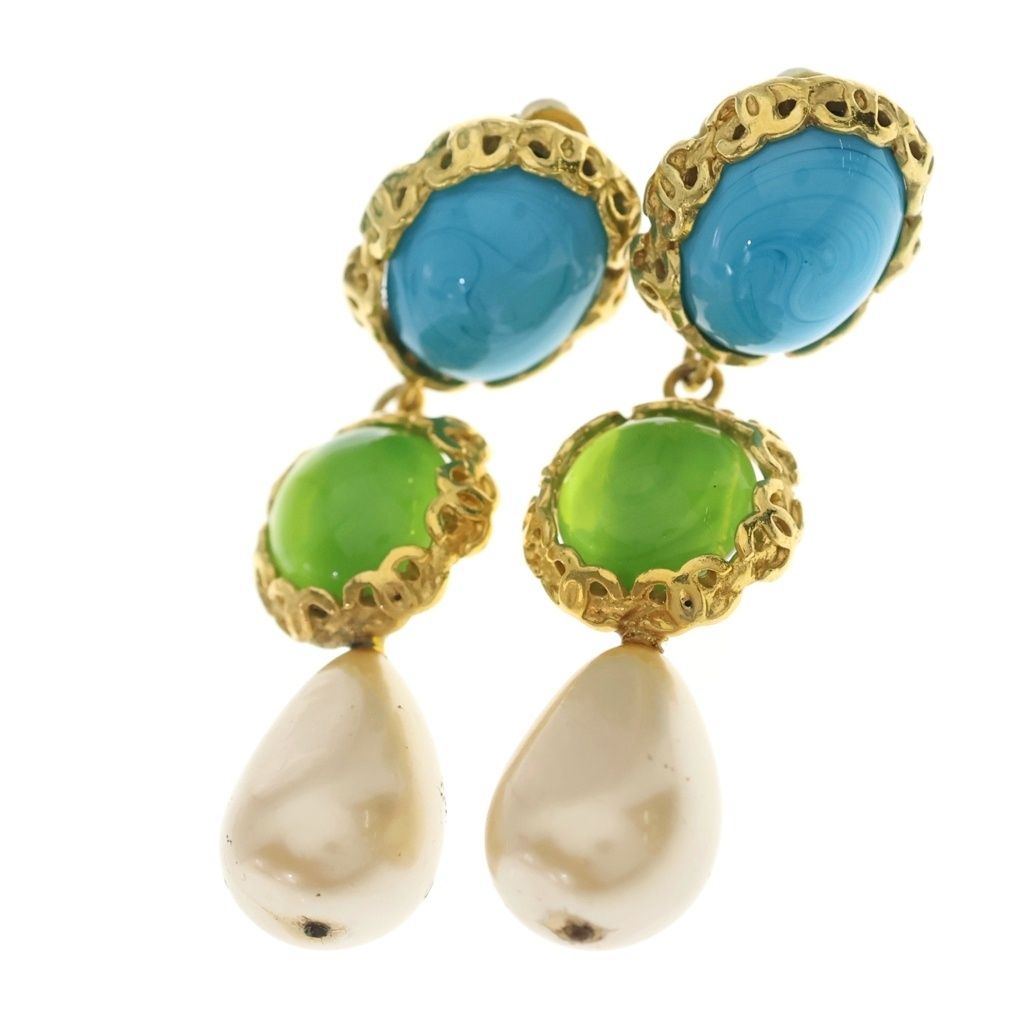 Chanel Faux Pearl Earrings Gripoix Blue Green Gold