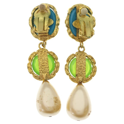 Chanel Faux Pearl Earrings Gripoix Blue Green Gold — view 2